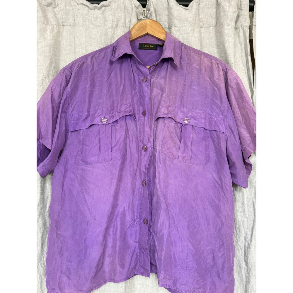 Tally-Ho‎ Purple 100% Silk Short Sleeve Button Down Shirt Womens XL Pocketed Top